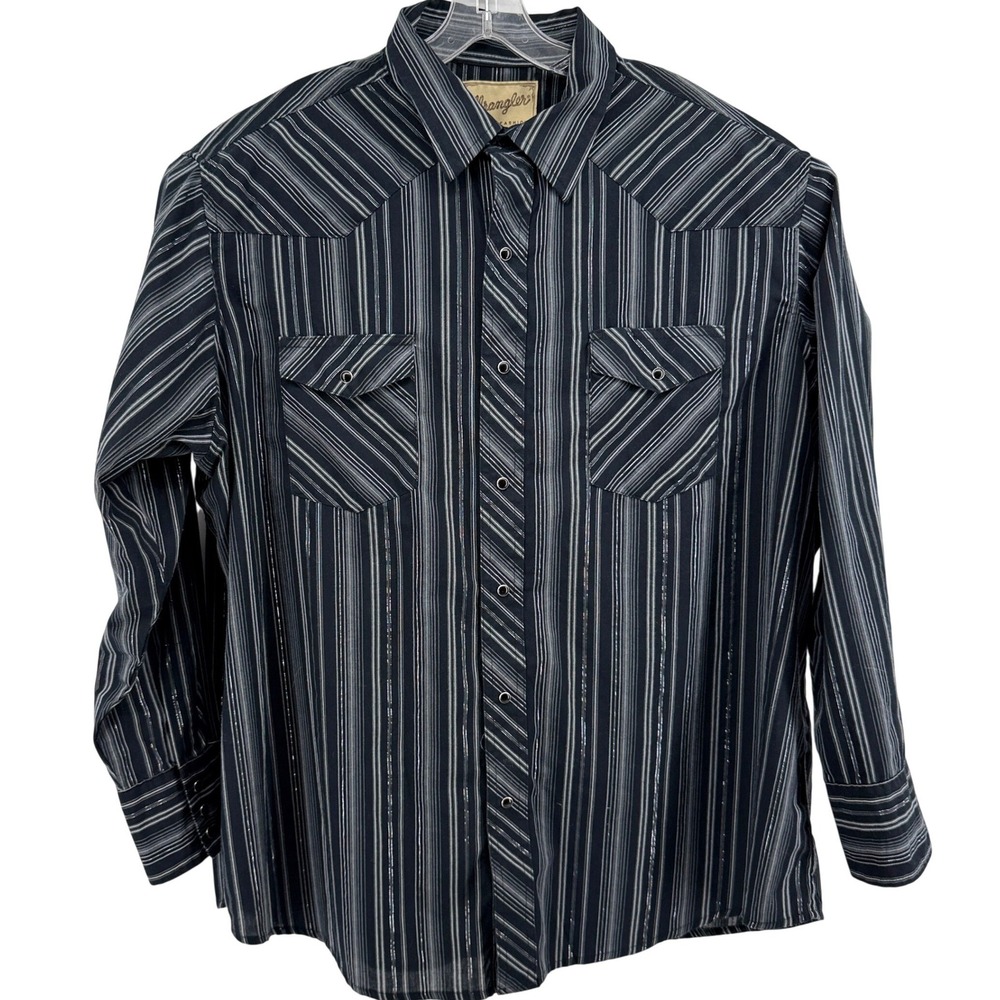 Wrangler Mens 2XL Western Snap Shirt Black Grey Striped Metallic Big Tall